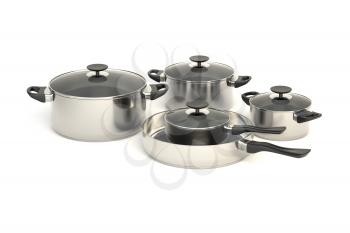 Stainless steel pots and pans on white background. Set of five cooking kitchenware with glass see through lids. 3D illustration.