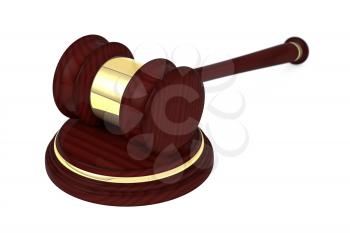 Wooden judge gavel and soundboard, isolated on white background.