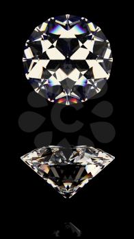 Shiny white diamond. Isolated on black background. Top and side view. High quality photo realistic image. 3D illustration.