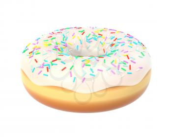 Delicious colorful donut with vanilla icing, sprinkles. Macro view of sweet american dessert isolated on white background. Graphic design element for bakery flyer, poster, scrapbook. 3D illustration