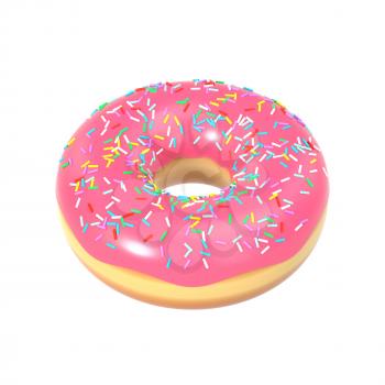 Delicious colorful donut with pink icing and sprinkles. Macro view of sweet american dessert isolated on white background. Graphic design element for bakery flyer, poster, scrapbook. 3D illustration.