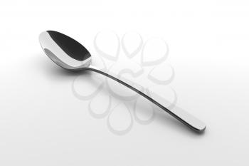 Silver spoon on a table. Fine cutlery on grey background. Single fork on a table. Silverware with shadow. 3D illustration.