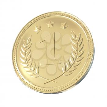 Gold medal with laurels and stars. Round blank coin with ornaments. Victory, best product, service or employee, first place concept. Achievement in sports. Isolated on white background.