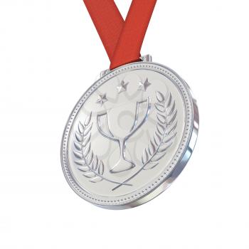 Silver medal with laurels, stars and cup. Round blank coin with ornaments. Victory, best product, service or employee concept. Achievement in sports. Isolated on white background.