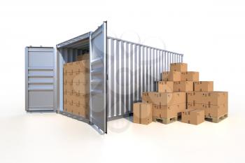 Ship cargo container side view, open doors, full with cardboard boxes. Pile of cardboard boxes on pallet. 3D illustration