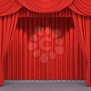 Red stage curtains. Luxury red velvet drapes, silk drapery. Realistic closed theatrical cinema curtain. Waiting for show, movie end, revealing new product, premiere, marketing concept. 3D illustration