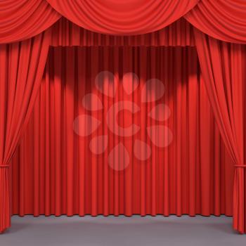 Red stage curtains. Luxury red velvet drapes, silk drapery. Realistic closed theatrical cinema curtain. Waiting for show, movie end, revealing new product, premiere, marketing concept. 3D illustration