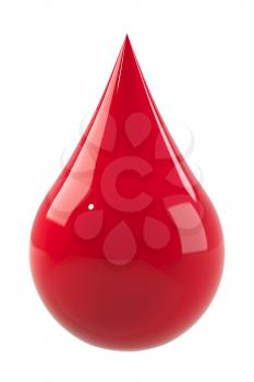 Blood drop isolated on white. Red fluid or ink. Donate blood, save life, clean blood concept. Graphic design element for poster, flyer, print manual, printer ink packaging. 3D illustration