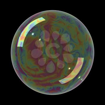 Soap bubble on black background. Realistic bubble with rainbow reflection. 3d illustration.