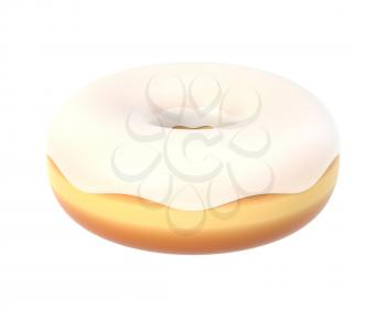 Delicious colorful donut with vanilla icing, sprinkles. Macro view of sweet american dessert isolated on white background. Graphic design element for bakery flyer, poster, scrapbook. 3D illustration