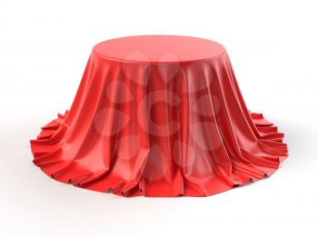 Round box covered with red fabric isolated on white background. Surprise, award, prize, presentation concept. Showroom stand. Reveal a hidden object, raise the curtain. 3D realistic illustration