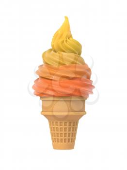 Colorful frozen yogurt icecream in waffle cone. Isolated on white background. Delicious flavor summer dessert. Graphic design element for advertisement, menu, scrapbook, poster, flyer. 3D illustration