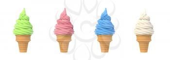 Soft ice icecream in waffle cones set, assortment of tastes, isolated on white background. 3D illustration