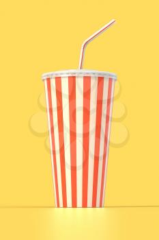 Fast food cola drink cup, drinking straw. Generic striped beverage package on yellow background with shadow. Graphic design element for restaurant advertisement, menu, poster, flyer. 3D illustration