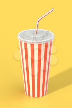 Fast food cola drink cup, drinking straw. Generic striped beverage package on yellow background with shadow. Graphic design element for restaurant advertisement, menu, poster, flyer. 3D illustration