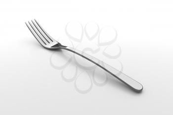 Silver fork. Fine cutlery on grey background. Single fork on a table. Silverware with shadow. 3D illustration.