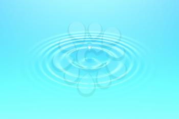 Water drop or rain drop falling on water surface. Liquid ripple splash in sunlight with reflection, macro image. Graphic design element for poster, package, flyer. Abstract background, 3D illustration