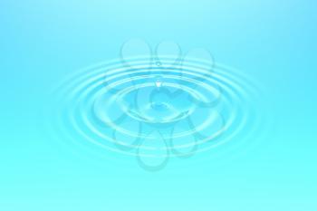 Water drop or rain drop falling on water surface. Liquid ripple splash in sunlight with reflection, macro image. Graphic design element for poster, package, flyer. Abstract background, 3D illustration