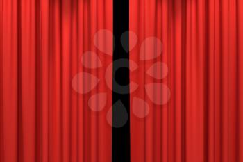 Red stage curtains. Luxury red velvet drapes, silk drapery. Realistic closed theatrical cinema curtain. Waiting for show, movie end, revealing new product, premiere, marketing concept. 3D illustration