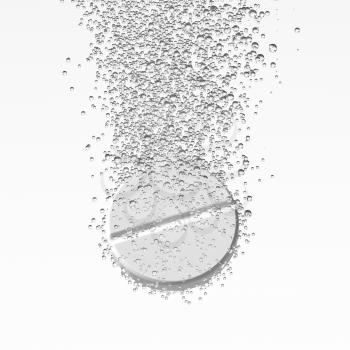 Effervescent medicine. Fizzy tablet dissolving. White round pill falling in water with bubbles. White background. 3D illustration