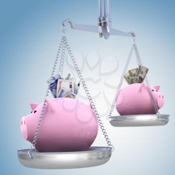 Piggy bank on scales. Dollar versus Euro