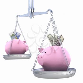 Piggy bank on scales. Dollar versus Euro