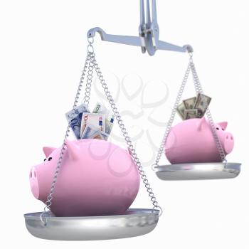 Piggy bank on scales. Dollar versus Euro