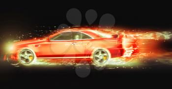 Red sport coupe with light trail