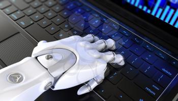 Robot's hand types on keyboard. 3D illustration