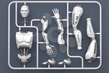 Model kit set with futuristic robot parts. 3D illustration