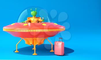 Illustration of UFO with green alien on blue background. 3D illustration