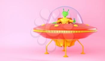 Illustration of UFO with green alien on pink background. 3D illustration