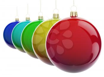 Multi-colored Christmas balls hanging on white. 3d render with HDR