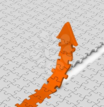 orange jigsaw puzzles arrow on gray background