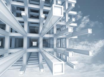 Architecture blue monochrome background. Modern abstract braced construction above cloudy sky