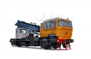 3d render illustration isolated on white: Perspective view of the modern support digger motor-rail car