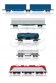 3d render illustration isolated on white: Set of modern freight railroad cars with electric locomotive