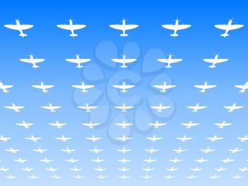 A massed formation of Spitfire Supermarine WWII fighters flying overhead. 3d illustration