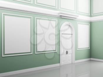 Abstract palace interior with light green walls and white door