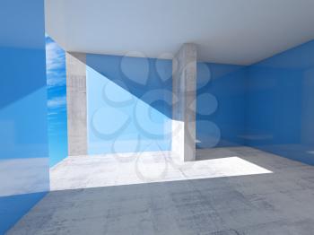 Abstract empty room interior with blue walls and concrete floor