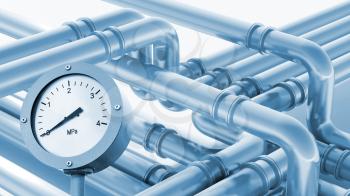 Modern industrial metal pipeline fragment with zero pressure manometer indication