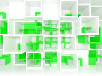 Abstract 3d design background with white and green chaotic cells on the wall