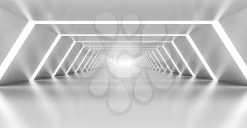 Abstract illuminated empty white corridor interior made of shining metal, 3d illustration