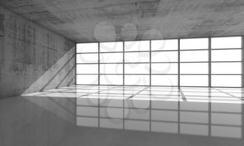 Abstract architecture background, empty concrete interior with bright windows in modern frames, 3d illustration