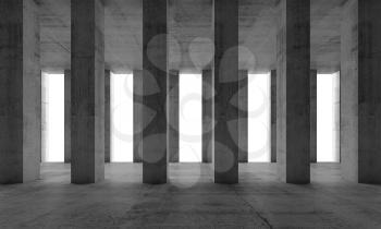 Abstract architecture background, empty interior with concrete columns and white windows, 3d illustration, front view