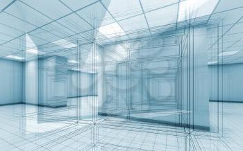 Abstract blue office room interior background with wire-frame lines, 3d illustration