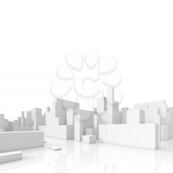 Abstract schematic 3d cityscape isolated on white background, square composition with free copy space area