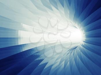 Turning blue shining tunnel interior. 3d illustration