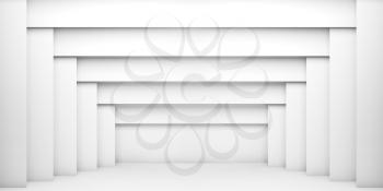 Abstract white room interior with decoration of multi layered frames, digital 3d illustration background
