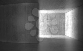 Abstract dark room with glowing doorway, concrete interior background, 3d render illustration